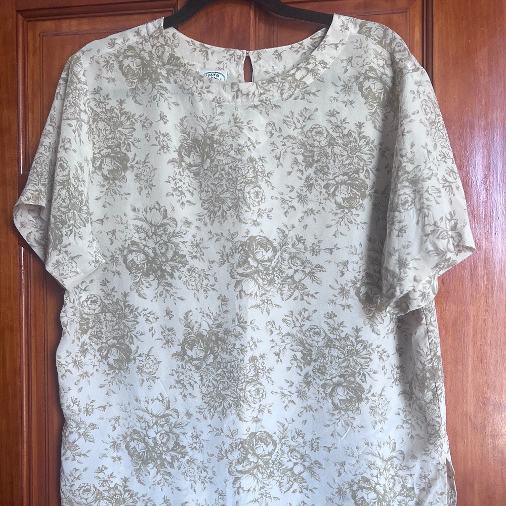 Laura Ashley Silk Blouse Flower Rose Cream Taupe Lightweight Business Casual